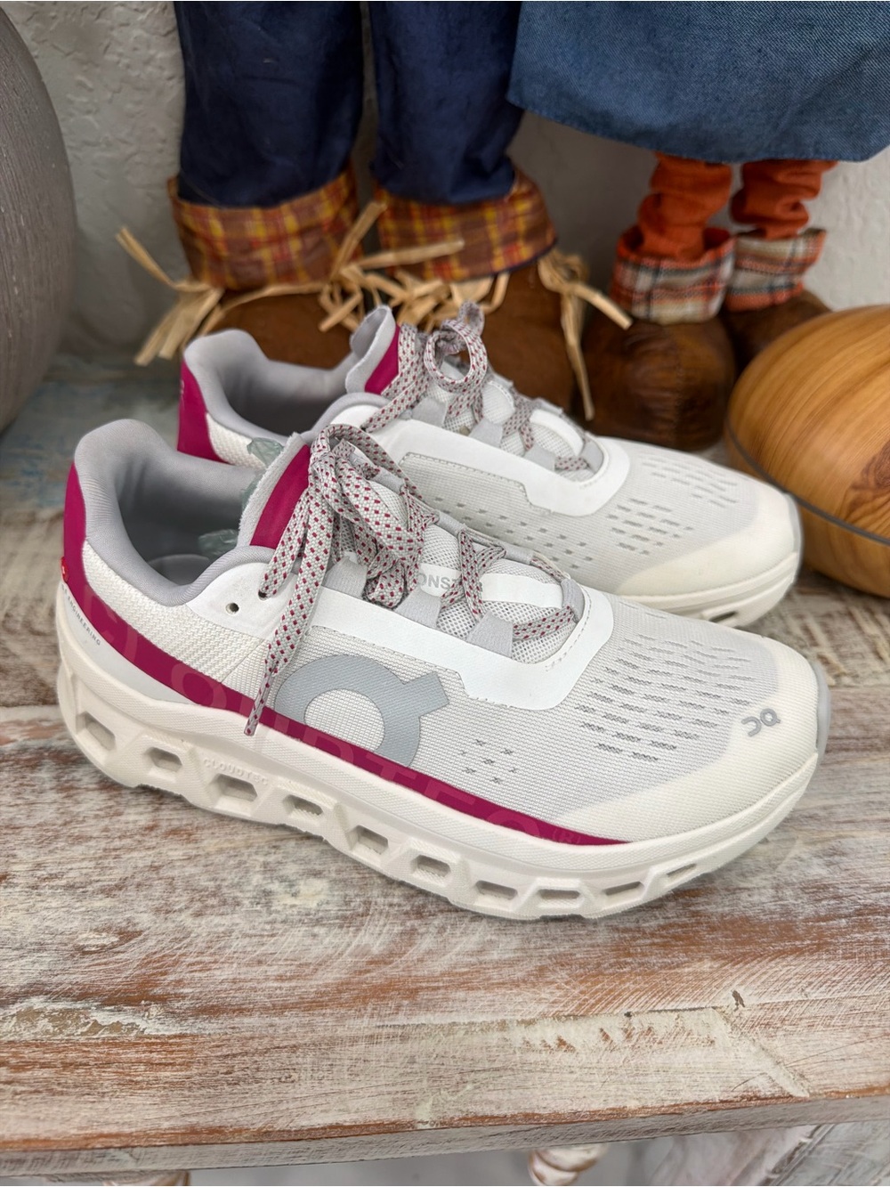 On Cloud Women's White Athletic Sneakers with Pink Trim
